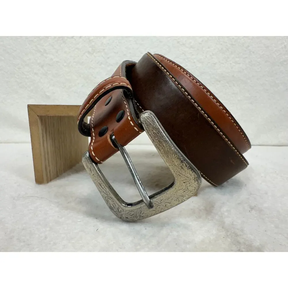Wrangler Brown Leather Western Belt Silver Tone Concho Accents Black Chevron